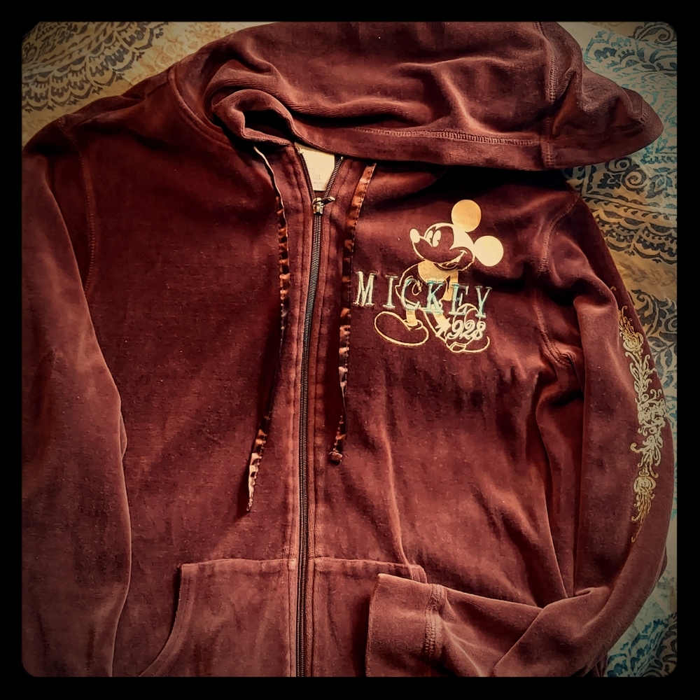 Brown velour Mickey zip up hoodie
